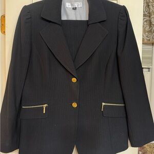 Tahari Black Herringbone Patterned Suit with Gold Details